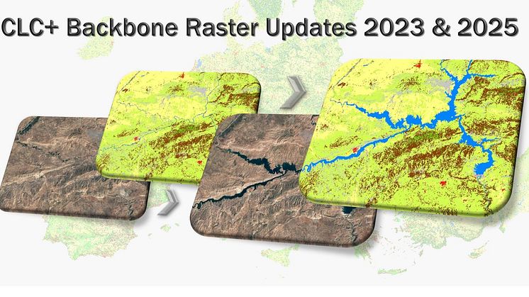 Picture: CLC+ BB Raster Product Update Cycle.  Based on: CLC+ BB Raster Products 2018 and 2021 ©European Union, Copernicus Land Monitoring Service, European Environment Agency; ©Google Imagery  ©GAF AG