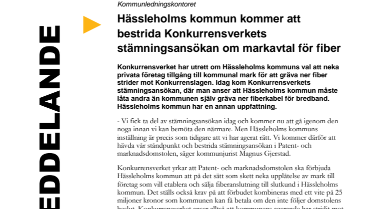 Hässleholms kommun kommer att bestrida Konkurrensverkets stämningsansökan om markavtal för fiber