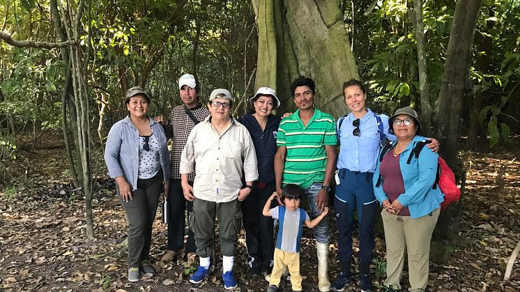Gry Errboe (nummer to fra højre) fra Verdens Skove med vores lokale samarbejdspartnere og nogle af de Movimaer, der er med til at forvalte skoven og kakaoproduktionen.