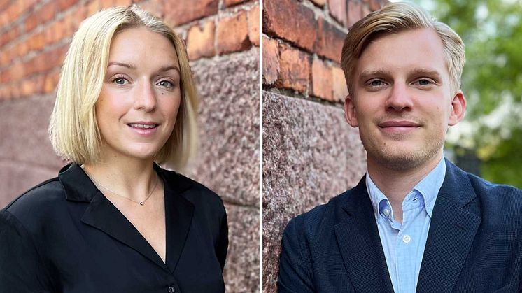 Erika Twengström (till vänster) och Erik Gustafsson (till höger), tilldelas Samhällsbyggarnas pris Bästa examensarbete inom fastighetsekonomi 2022. Foto: Privat