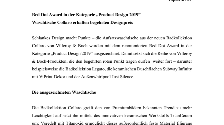 Red Dot Award in der Kategorie „Product Design 2019” – Waschtische Collaro erhalten begehrten Designpreis