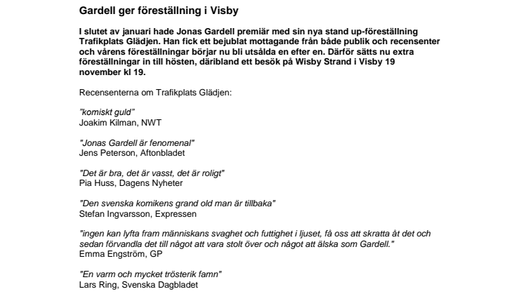 Gardell ger föreställning i Visby