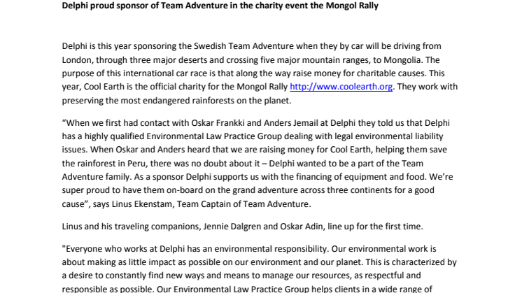 Delphi proud sponsor of Team Adventure in the charity event the Mongol Rally