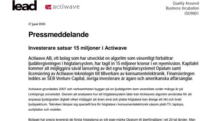 Investerare satsar 15 miljoner i Actiwave 