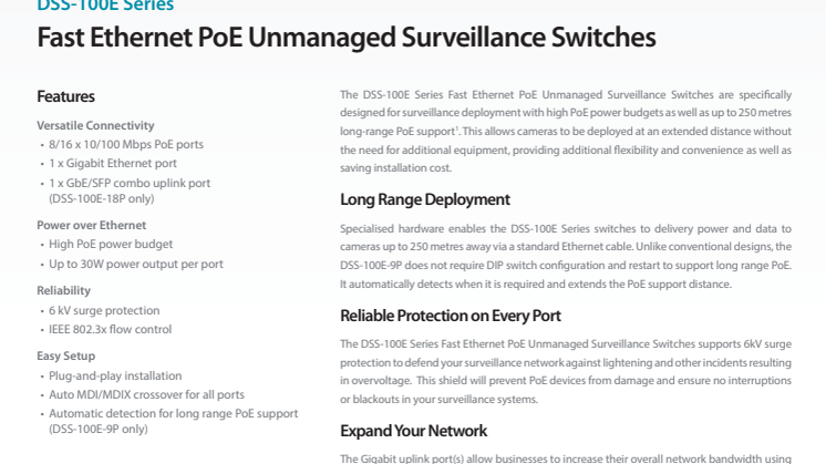 Datasheet, DSS-100E Series, Fast Ethernet PoE Unmanaged Surveillance Switches