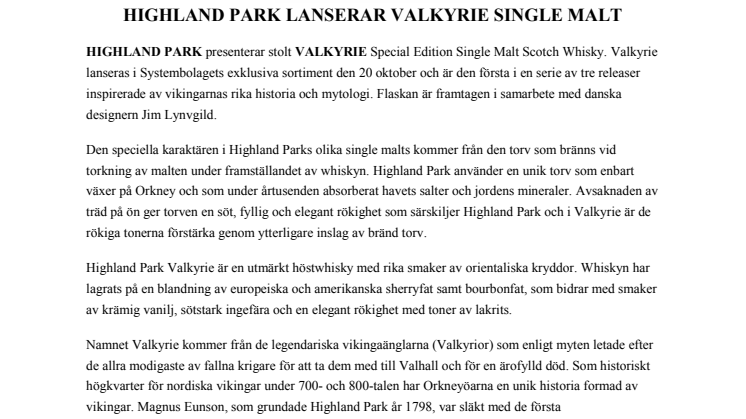 Highland Park lanserar Valkyrie - först ut i ny serie