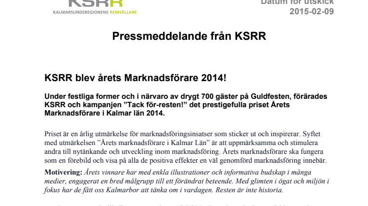 KSRR blev årets Marknadsförare 2014!