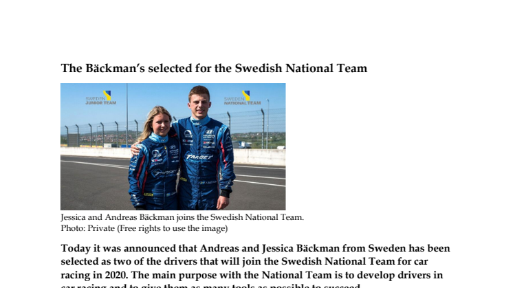 The Bäckman’s selected for the Swedish National Team