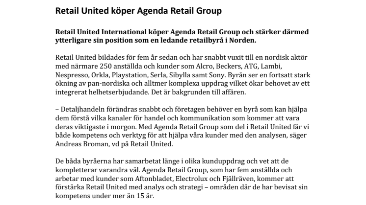Retail United köper Agenda Retail Group