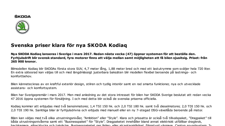Svenska priser klara för nya SKODA Kodiaq