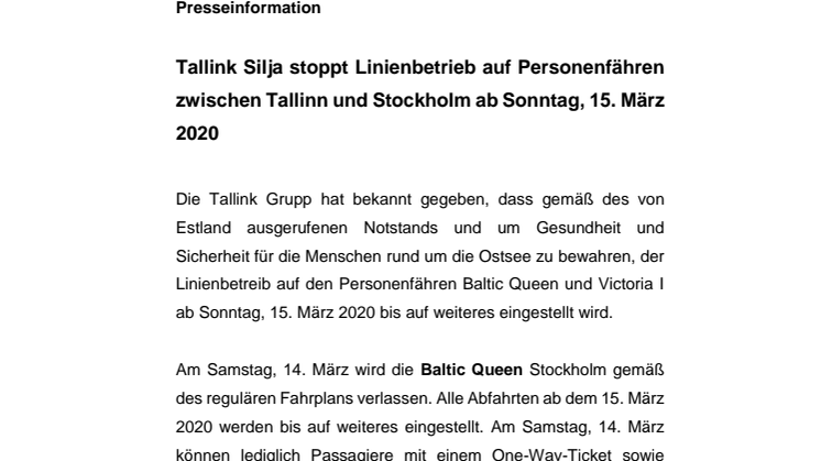 Tallink Silja stoppt Linienbetrieb auf Personenfähren zwischen Tallinn und Stockholm ab Sonntag, 15. März 2020
