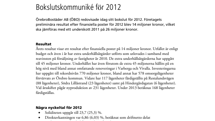 Bokslutskommuniké 2012 för ÖrebroBostäder AB