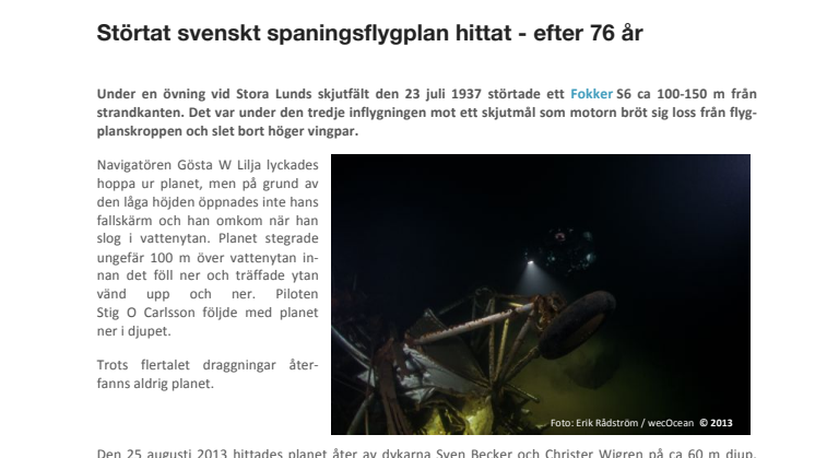 Störtat svenskt spaningsflygplan hittat - efter 76 år