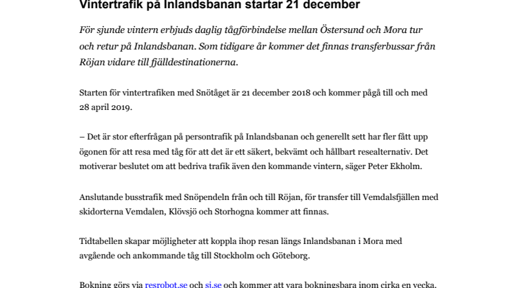 Vintertrafik på Inlandsbanan startar 21 december