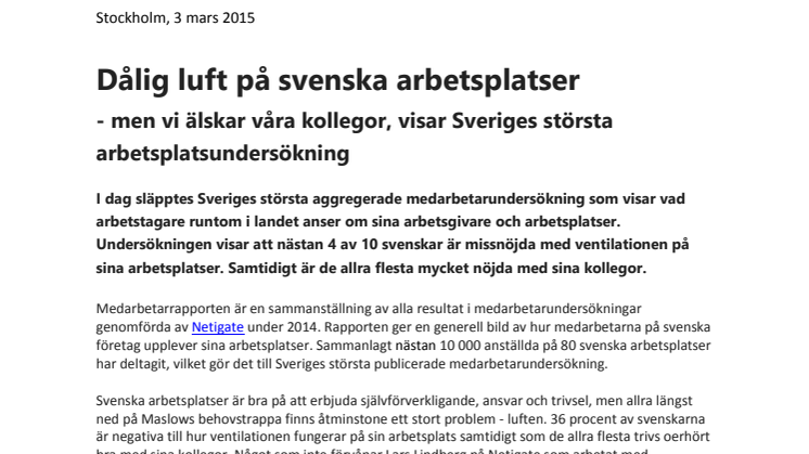 Dålig luft på svenska arbetsplatser - men vi älskar våra kollegor, visar Sveriges största arbetsplatsundersökning