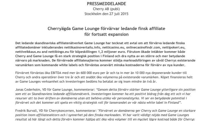 Cherryägda Game Lounge förvärvar ledande finsk affiliate för fortsatt expansion