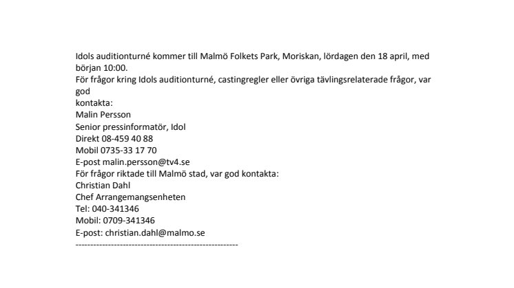 Idols auditionturné till Malmö Folkets Park