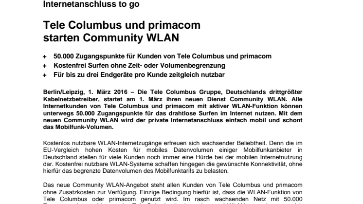 ​Tele Columbus und primacom starten Community WLAN