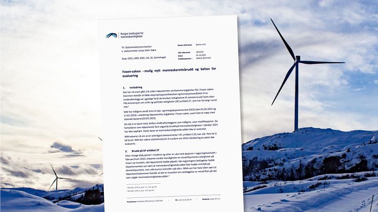 Faksimile av brevet send fra NIM til Statsministerens kontor. Foto av vindmøller i Storheia vindpark på Fosen: Hanna Johre.