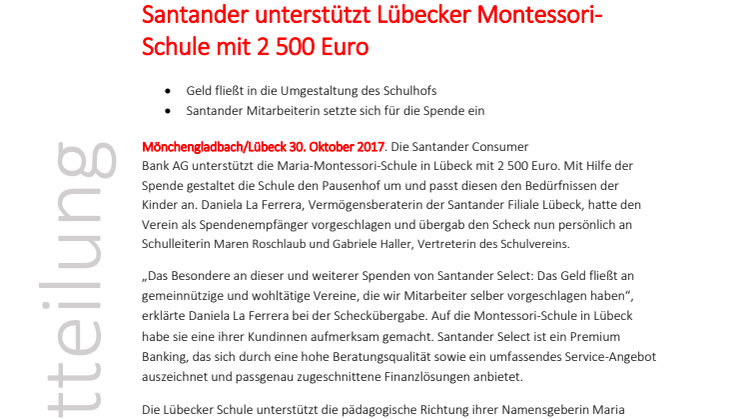 Santander unterstützt Lübecker Montessori-Schule mit 2 500 Euro