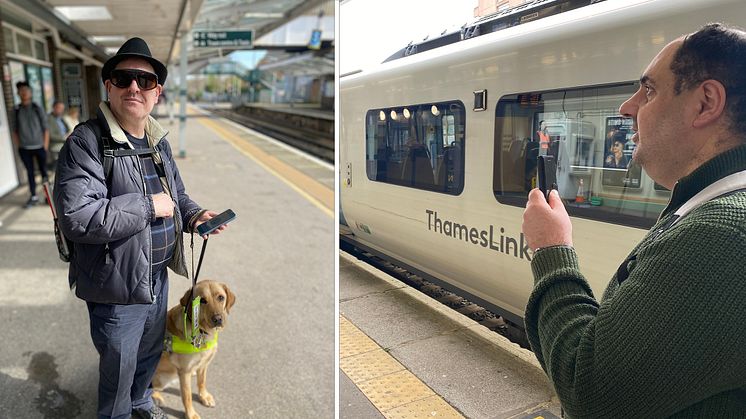 It's like having a friend on your shoulder: Sight Loss Council volunteer Paul Goddard and blind passenger Pierre Shlimon at Sutton - more pictures from Chichester and Sutton stations can be downloaded below