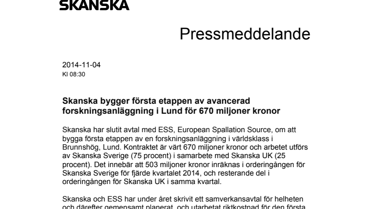 Skanska bygger första etappen av avancerad forskningsanläggning i Lund för 670 miljoner kronor