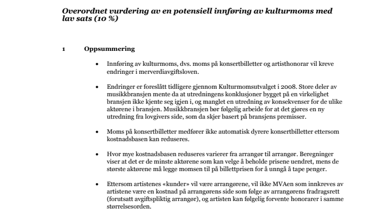 Pwc - rapport om kulturmoms for Norske Konsertarrangører og GramArt