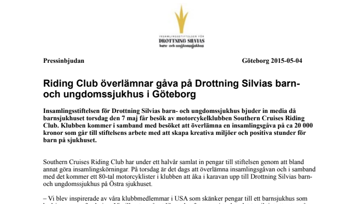 Riding Club överlämnar gåva på Drottning Silvias barn- och ungdomssjukhus i Göteborg
