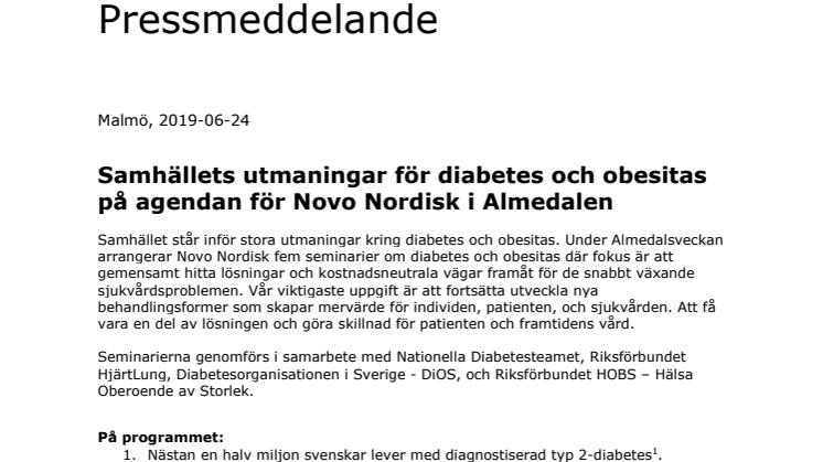 Samhällets utmaningar för diabetes och obesitas på agendan för Novo Nordisk i Almedalen