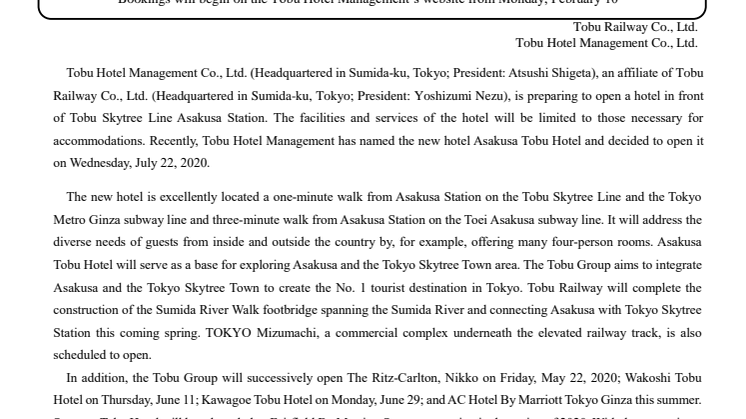 Tobu to Open Asakusa Tobu Hotel on Wednesday, July 22, 2020  Bookings will begin on the Tobu Hotel Management’s website from Monday, February 10
