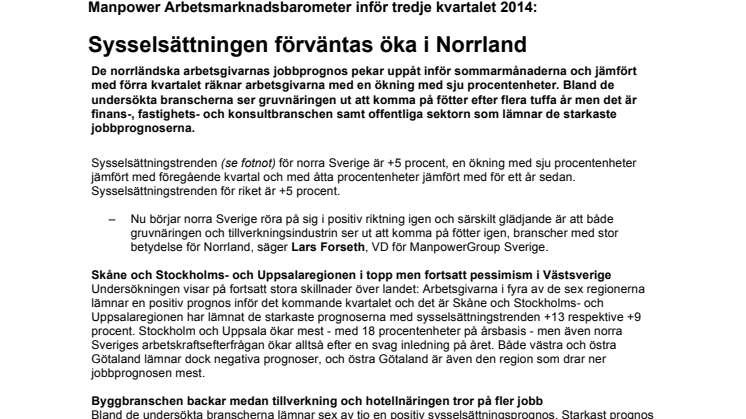 Sysselsättningen förväntas öka i Norrland 
