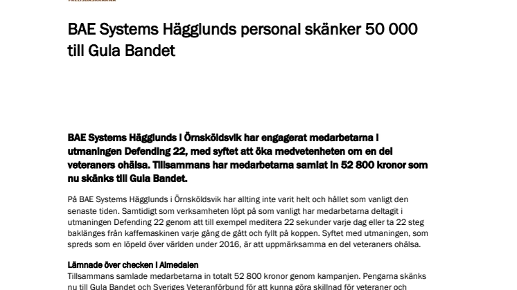 BAE Systems Hägglunds personal skänker 50 000 till Gula Bandet