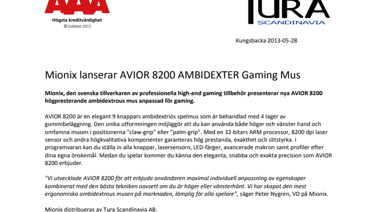 Mionix lanserar AVIOR 8200 AMBIDEXTER Gaming Mus