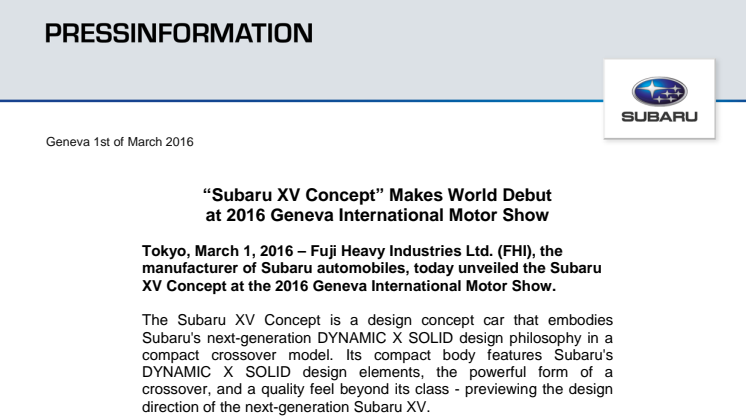 Världspremiär för Subaru XV Concept