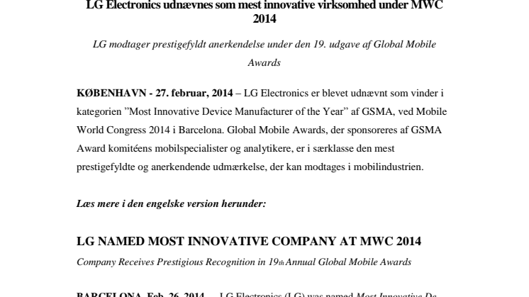 LG Electronics udnævnes som mest innovative virksomhed under MWC 2014
