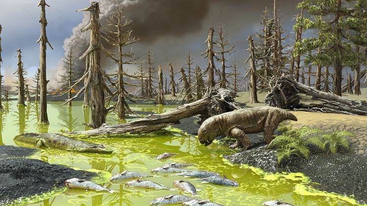 Giftiga bakterier och alger kvävde floder och sjöar under Perm-utdöendet. Illustration: Victor O. Leshyk
