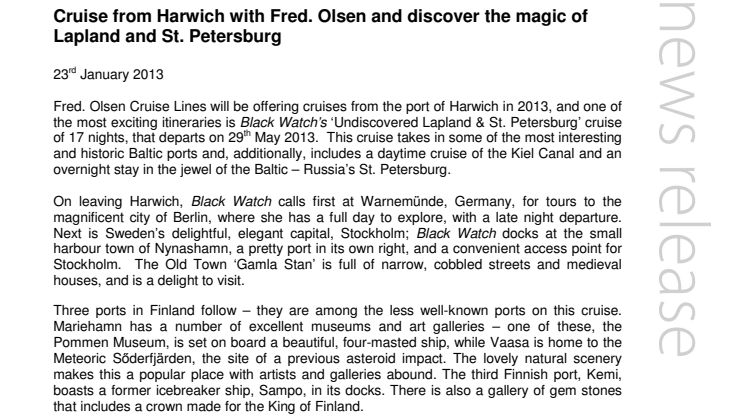 Cruise from Harwich with Fred. Olsen and discover the magic of Lapland and St. Petersburg