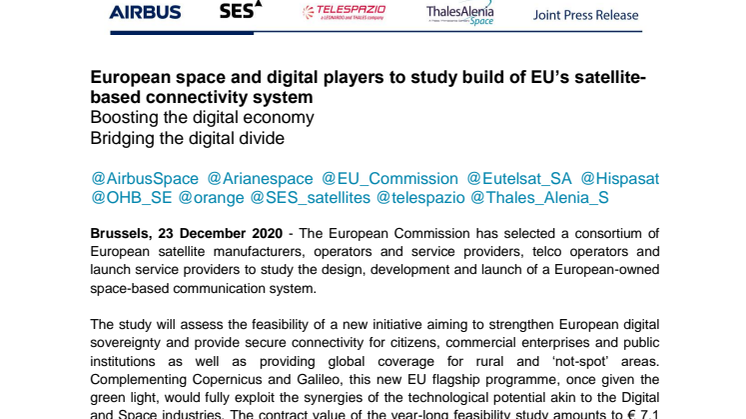 European space and digital players to study build of EU’s satellite-based connectivity system 