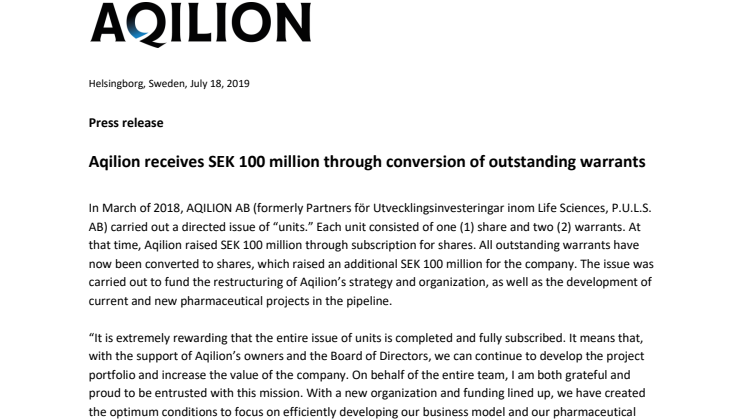 Aqilion receives SEK 100 million through conversion of outstanding warrants 