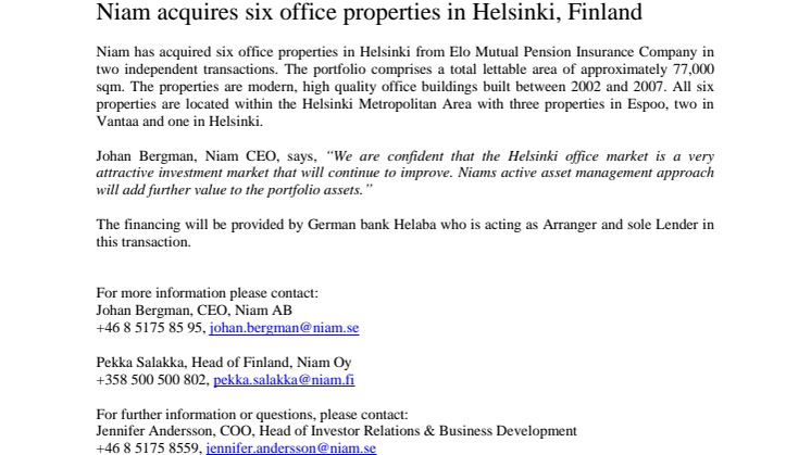 Niam acquires six office properties in Helsinki, Finland