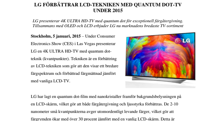 LG FÖRBÄTTRAR LCD-TEKNIKEN MED QUANTUM DOT-TV UNDER 2015