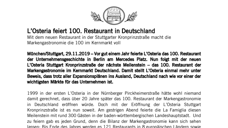 L’Osteria feiert 100. Restaurant in Deutschland