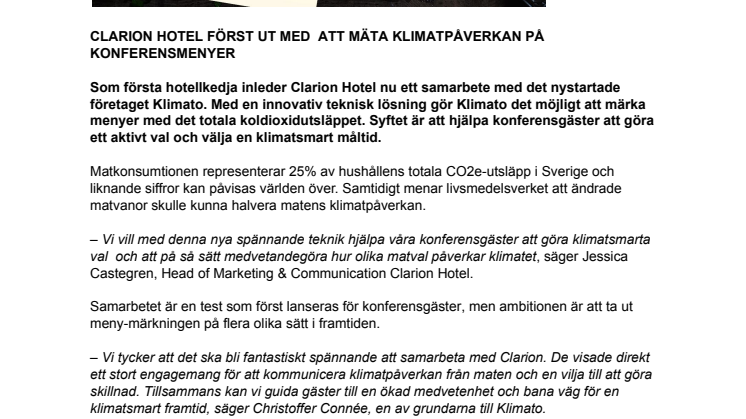 CLARION HOTEL FÖRST UT MED  ATT MÄTA KLIMATPÅVERKAN PÅ KONFERENSMENYER 