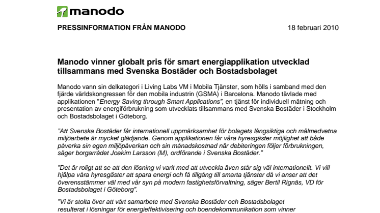 Manodo vinner globalt pris för smart energiapplikation utvecklad tillsammans med Svenska Bostäder och Bostadsbolaget