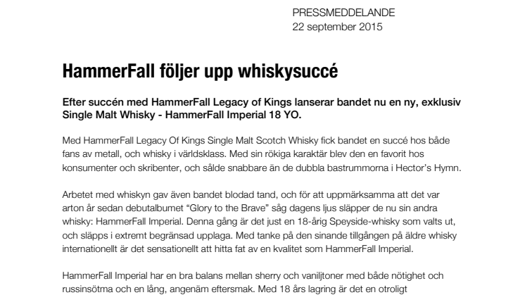 HammerFall följer upp whiskysuccé