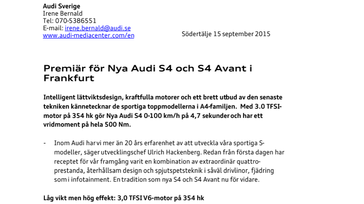 Premiär för Nya Audi S4 och S4 Avant i Frankfurt