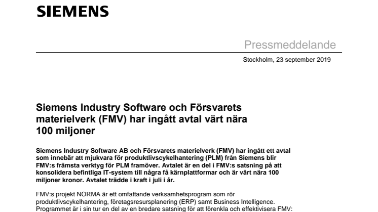Siemens Industry Software och Försvarets materielverk (FMV) har ingått avtal värt nära  100 miljoner