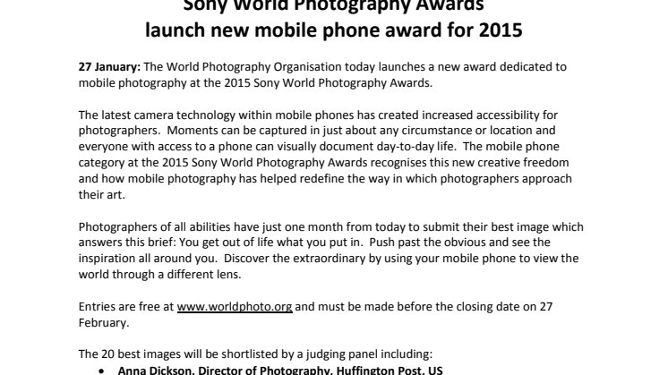 Uusi sarja mobiililaitteille Sony World Photography Awards -valokuvauskilpailussa