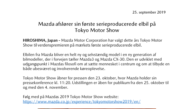 Mazda afslører sin første serieproducerede elbil på Tokyo Motor Show