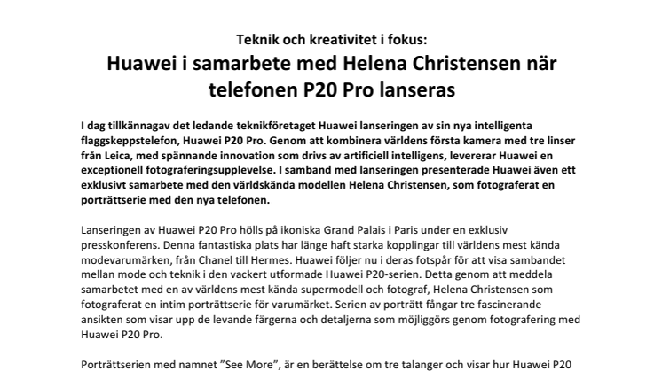 Teknik och kreativitet i fokus: Huawei i samarbete med Helena Christensen när telefonen P20 Pro lanseras
